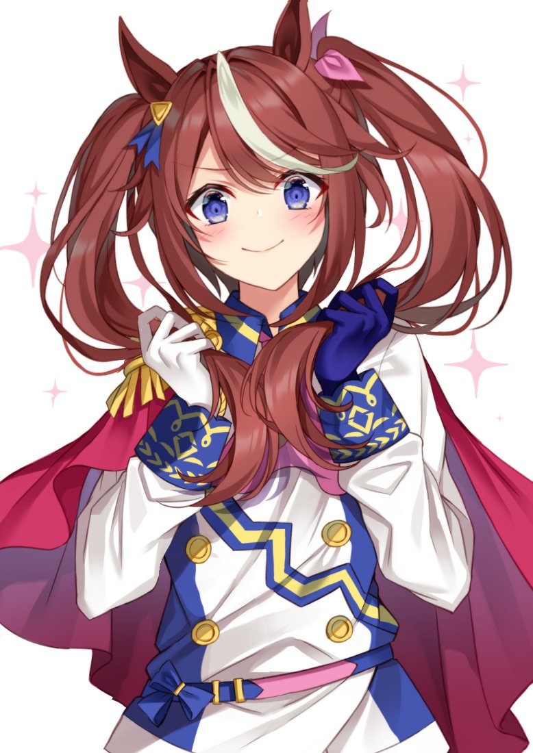1girl alternate_hairstyle animal_ears asymmetrical_gloves belt blue_eyes blue_gloves brown_hair buttons cape closed_mouth commentary_request double-breasted epaulettes gloves holding holding_own_hair horse_ears jacket long_hair long_sleeves mismatched_gloves multicolored_hair red_cape smile solo streaked_hair sugisaki_yuu tokai_teio_(umamusume) twintails umamusume upper_body white_gloves white_jacket