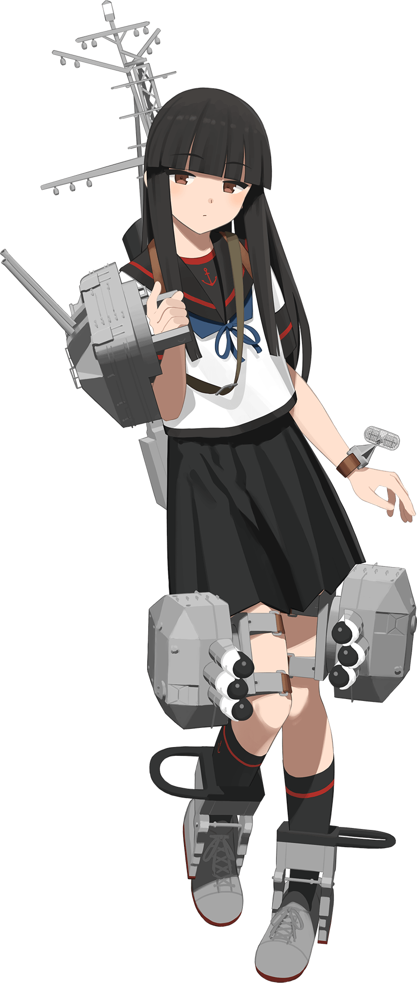 1girl black_hair black_sailor_collar black_skirt brown_eyes full_body hatsuyuki_(kancolle) hatsuyuki_kai_ni_(kancolle) highres kantai_collection long_hair machinery official_art sailor_collar school_uniform serafuku shibafu_(glock23) ship_turret shirt skirt torpedo torpedo_launcher transparent_background white_shirt