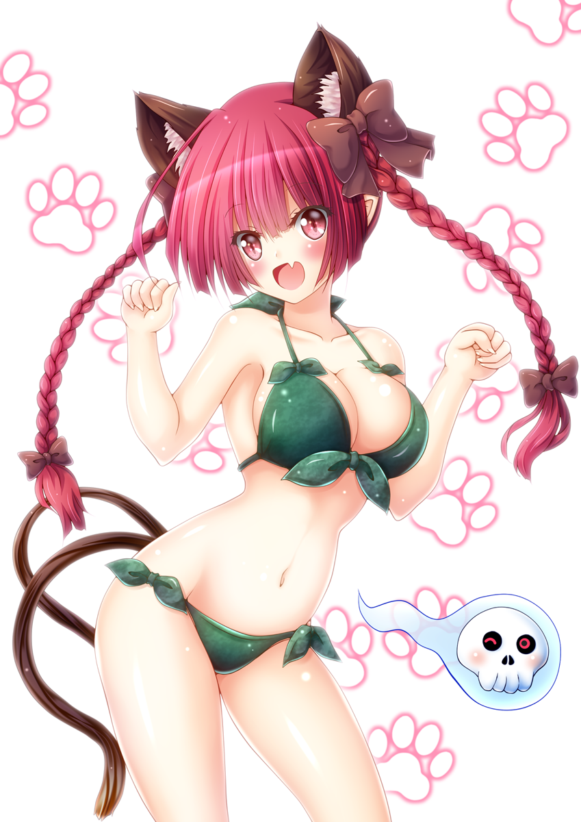 1girl :d animal_ears bikini black_bow bow braid breasts cat_ears cat_girl cat_tail cleavage cowboy_shot fang floating_skull front-tie_bikini_top front-tie_top green_bikini hair_bow highres kaenbyou_rin large_breasts looking_at_viewer multiple_tails open_mouth osashin_(osada) paw_pose red_eyes red_hair side-tie_bikini_bottom simple_background skin_fang smile solo swimsuit tail touhou twin_braids two_tails white_background