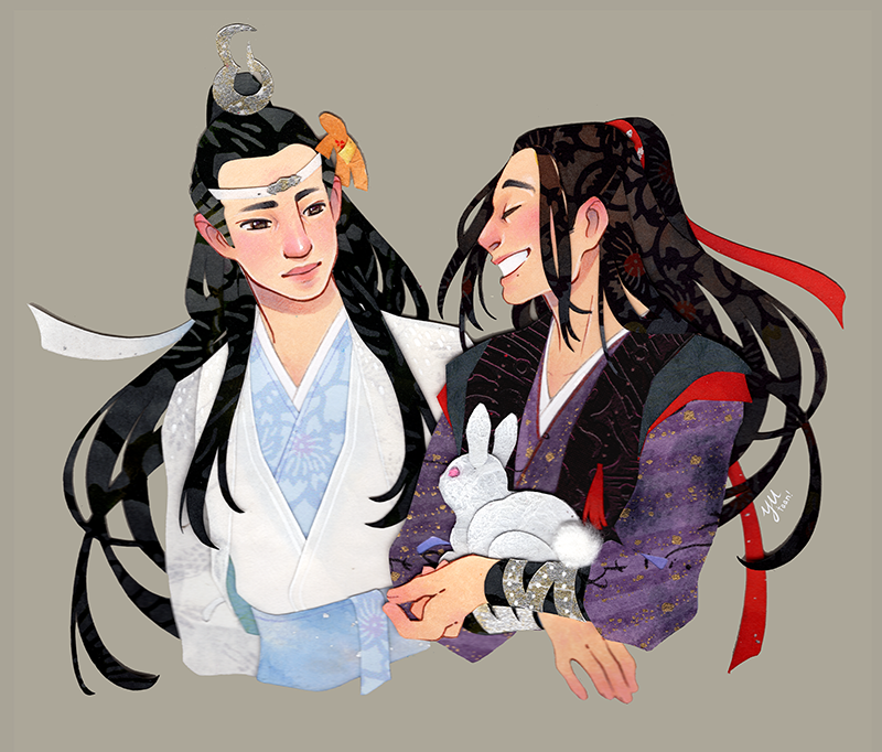 2boys animal arms_behind_back black_eyes black_hair black_robe blue_trim bracer brown_background brown_hair chinese_clothes closed_eyes closed_mouth commentary commission cropped_torso crossed_arms english_commentary grey_fur hair_ribbon half_updo hanfu headband holding holding_animal lan_wangji light_smile long_hair long_sleeves looking_at_another male_focus modao_zushi mole mole_under_mouth multiple_boys open_mouth paper_cutout paper_cutout_(medium) papercraft_(medium) ponytail patterned_hair print_robe purple_hanfu rabbit red_ribbon red_trim ribbon robe sidelocks simple_background smile unconventional_media upper_body wei_wuxian white_hanfu white_ribbon xiao_guan_(headdress) yutaan