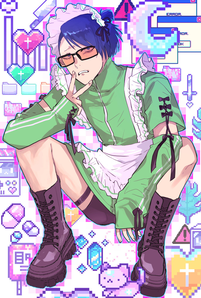 1boy alternate_costume animal apron arm_on_knee arm_up black-framed_eyewear black_boots black_bow black_ribbon black_shorts black_straps blue_eyes blue_hair boots bow cat collared_dress crescent crescent_moon cross crossdressing crossdressing_(mtf) dark_blue_hair detached_sleeves dress enmaided error_message folder frilled_apron frills full_body green_dress heart high_collar inverted_cross kneeling lace-up_boots long_sleeves looking_at_viewer maid maid_apron maid_headdress male_focus moon orange-tinted_eyewear persona persona_3 pill pixel_heart rectangular_eyewear ribbon shirato_jin shorts sleeves_past_wrists solo squatting sunorsa swept_bangs teeth thigh_strap tinted_eyewear v white_apron yield_sign