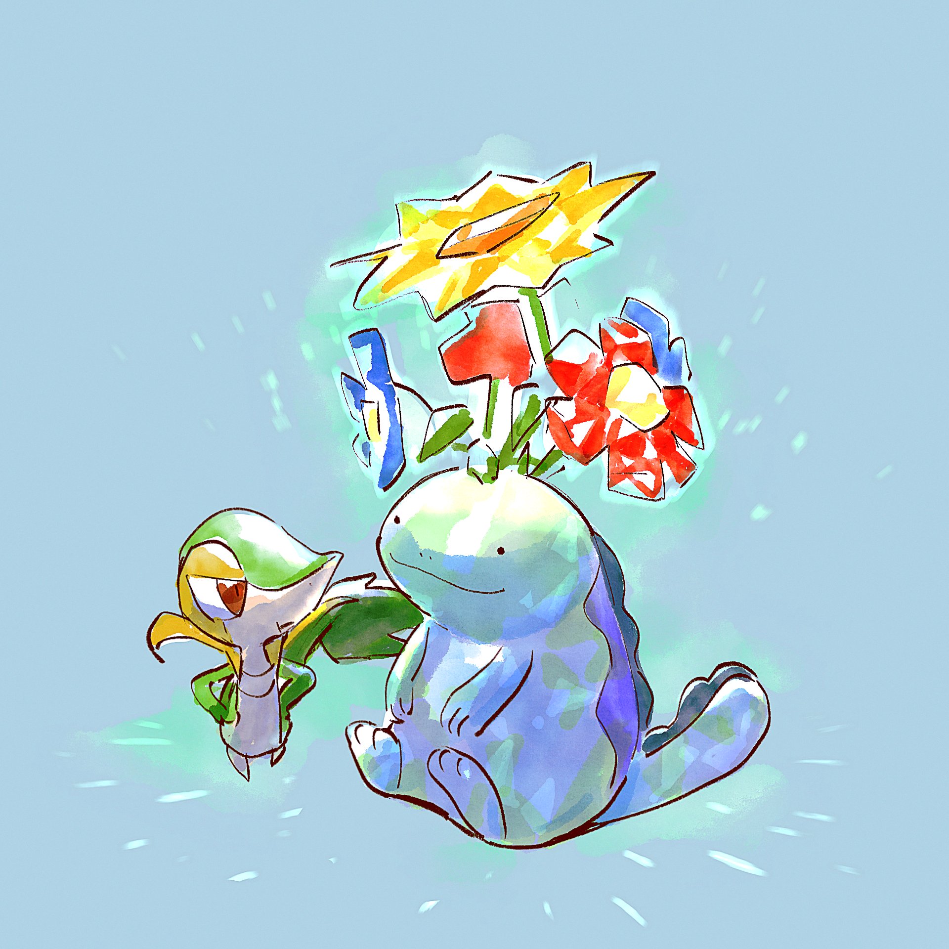 :t black_eyes closed_mouth commentary gen_2_pokemon gen_5_pokemon glowing go-lurk grey_background highres nintendo no_humans pokemon pokemon_(creature) pout quagsire red_eyes sitting smile snivy terastallization