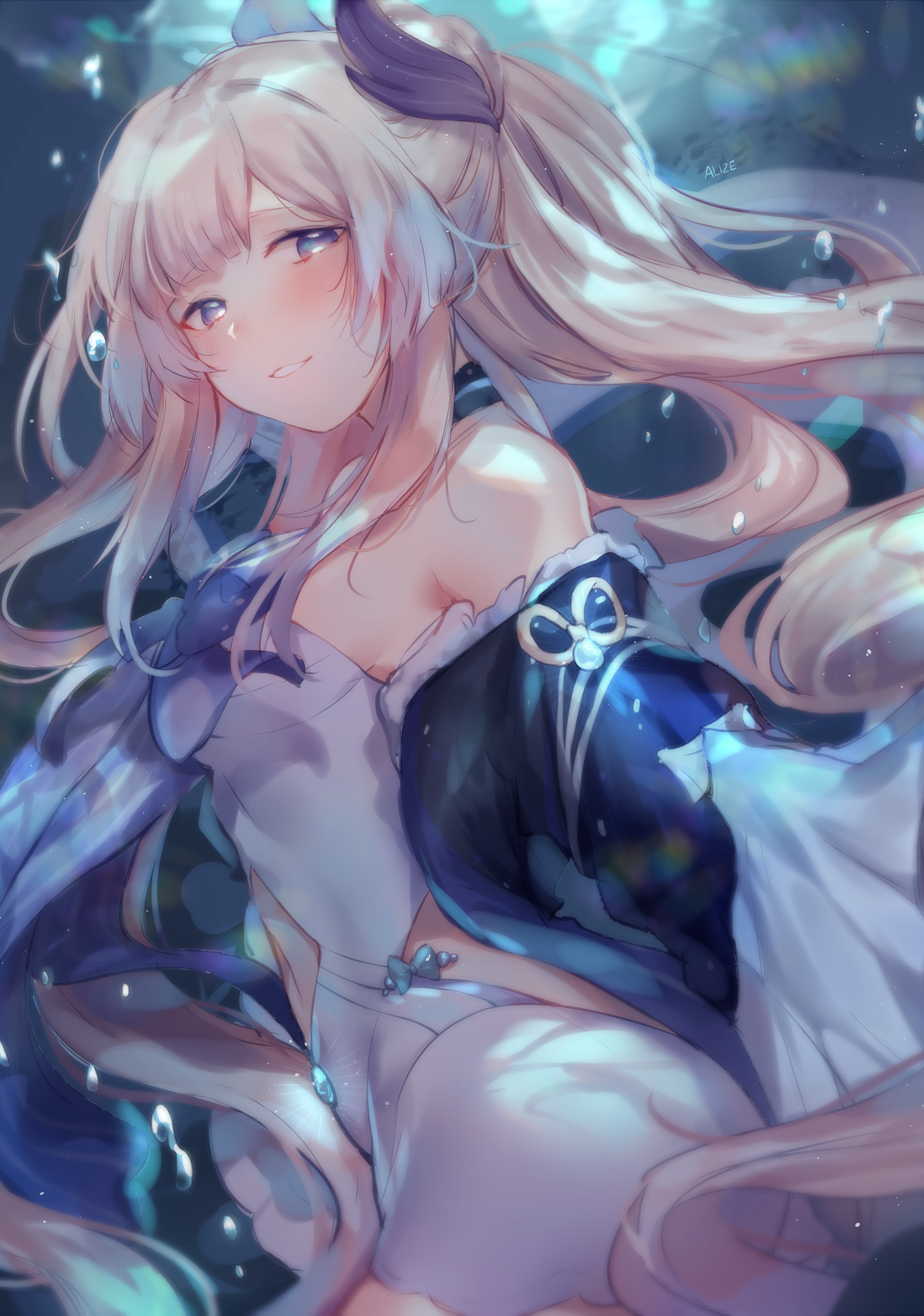 1girl absurdres allze bare_shoulders blue_eyes blunt_bangs bow bubble detached_sleeves dress fins from_side genshin_impact gradient_hair hair_ornament highres long_hair multicolored_hair navel ocean pink_hair ribbon sangonomiya_kokomi solo strapless strapless_dress underwater water white_dress wide_sleeves