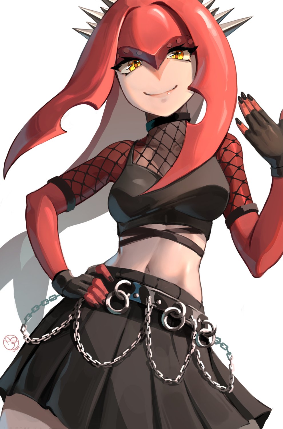 1girl black_gloves black_nails black_skirt black_tank_top breasts chain colored_skin crop_top fingerless_gloves fins fish_girl fishnet_top fishnets gloves goth_fashion hand_on_own_hip head_fins highres lo_kyu looking_at_viewer looking_back midriff mipha nail_polish navel nintendo pleated_skirt red_skin skirt smile solo spikes tank_top the_legend_of_zelda the_legend_of_zelda:_breath_of_the_wild zora
