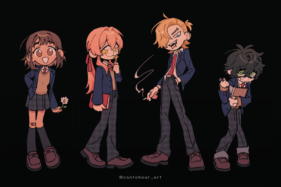 2boys 2girls bandaid black_hair blonde_hair book cantobear cigarette cross degrees_of_lewdity full_body green_eyes hair_over_one_eye knife kylar_(degrees_of_lewdity) multiple_boys multiple_girls robin_(degrees_of_lewdity) school_uniform sydney_(degrees_of_lewdity) whitney_(degrees_of_lewdity)