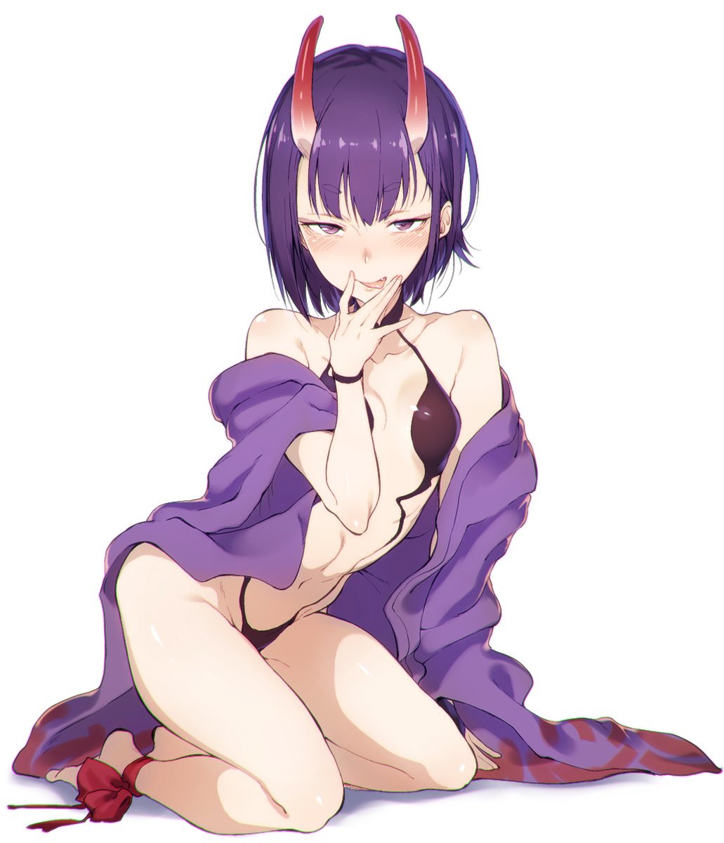 1girl ankle_ribbon artist_collaboration barefoot blush breasts fang fate/grand_order fate_(series) full_body highres horns ibuki_notsu japanese_clothes kimono leg_ribbon looking_at_viewer naughty_face navel oni open_clothes open_kimono purple_eyes purple_hair purple_kimono revealing_clothes ribbon short_hair shuten_douji_(fate) simple_background sitting skin-covered_horns small_breasts smile solo spirytus_tarou tongue tongue_out white_background