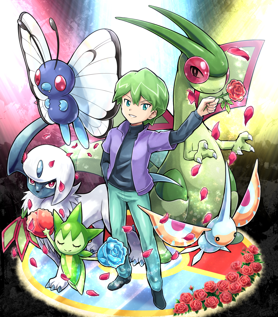 1boy absol blue_eyes butterfree drew_(pokemon) flower flygon gen_1_pokemon gen_3_pokemon green_hair masquerain nintendo performance petals pokemoa pokemon pokemon_(anime) pokemon_(creature) rose roselia_(pokemon) smile standing tagme