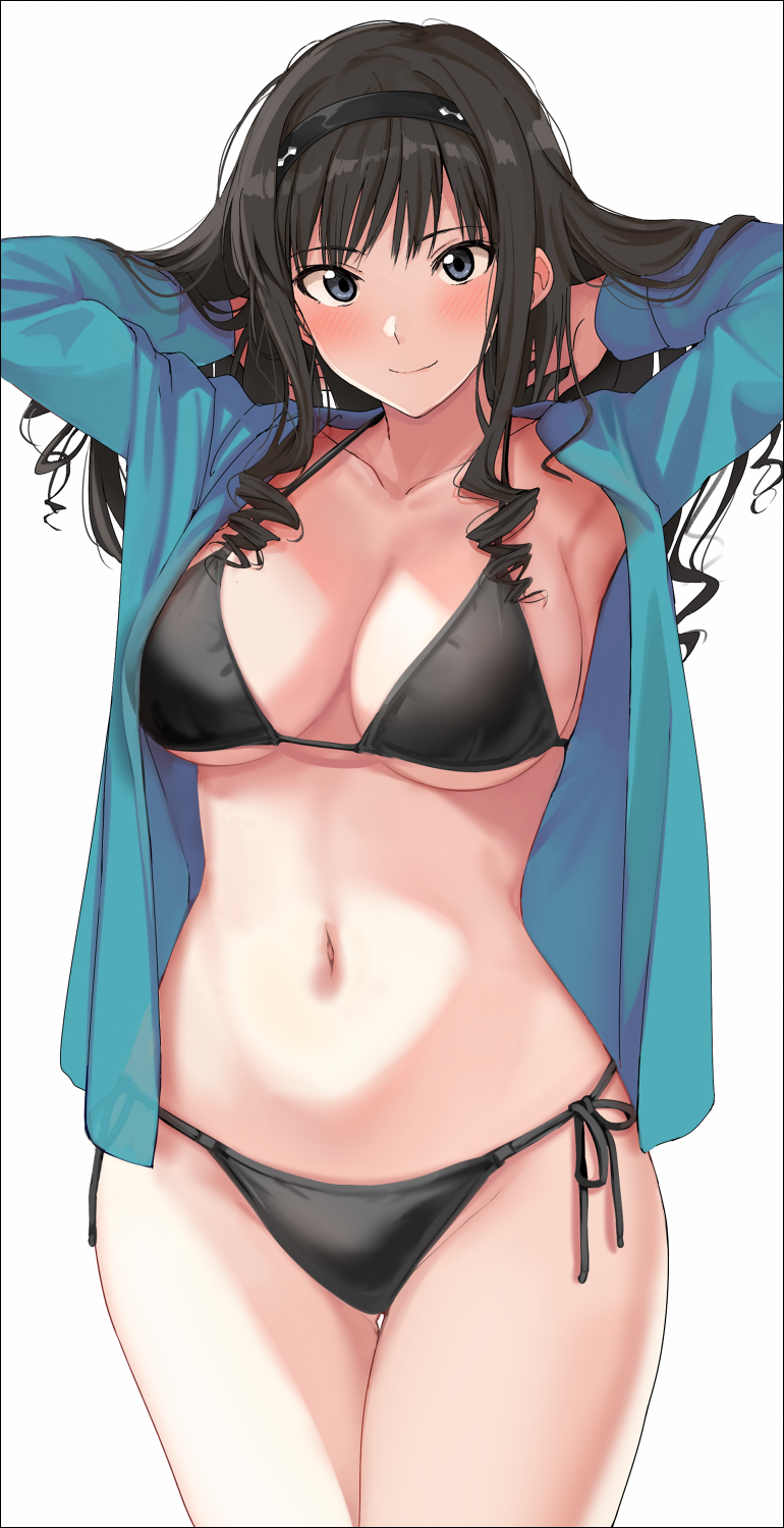 1girl amagami armpits arms_behind_head arms_up bikini black_bikini black_hair black_hairband black_ribbon blue_eyes blue_jacket blush breasts cleavage closed_mouth cowboy_shot drill_hair hairband hands_in_hair highres jacket large_breasts long_hair long_sleeves looking_at_viewer mobu morishima_haruka navel open_clothes open_jacket ribbon side-tie_bikini_bottom simple_background smile solo stomach swimsuit thigh_gap white_background