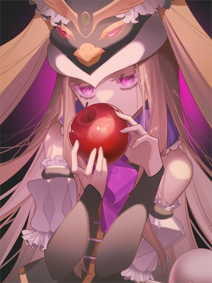 1girl animal_hat apple armband black_background food frills fruit hat holding holding_food holding_fruit leotard light_brown_hair long_hair looking_at_viewer magonuri mawaru_penguindrum penguin_hat pink_eyes princess_of_the_crystal solo upper_body very_long_hair