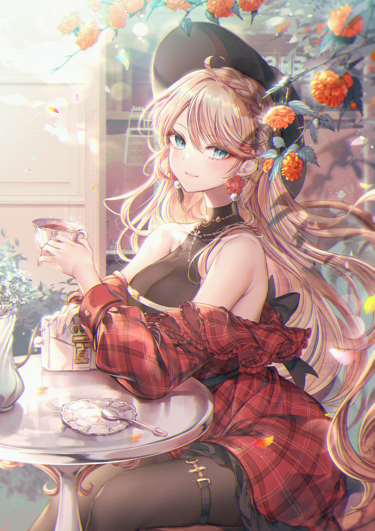 1girl azur_lane bare_shoulders black_hat black_shirt blue_eyes braid breasts brown_hair cleavage closed_mouth commentary_request cup dress earrings flower flower_earrings hair_between_eyes hat holding holding_cup howe_(azur_lane) howe_(noble_rouge)_(azur_lane) jewelry long_hair long_sleeves looking_at_viewer medium_breasts off-shoulder_dress off_shoulder ozzingo plaid_clothes plaid_dress puffy_long_sleeves puffy_sleeves red_dress red_flower saucer shirt sleeveless sleeveless_shirt smile solo spoon table teacup very_long_hair