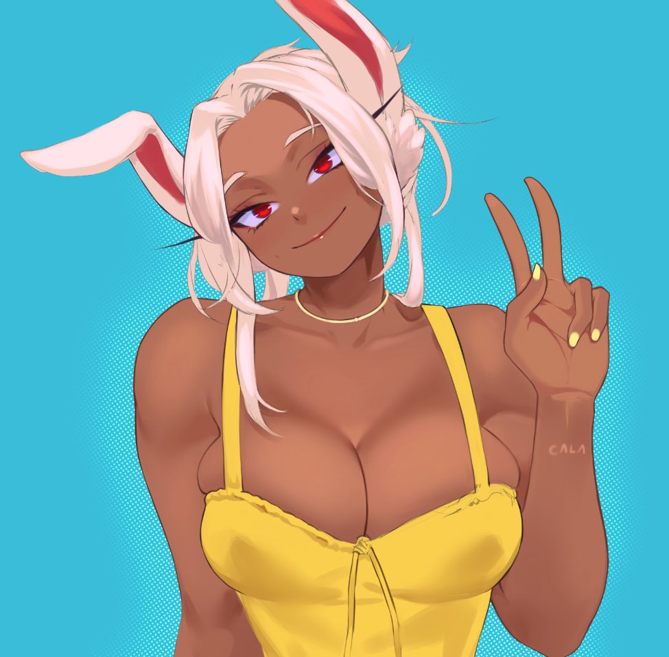 1girl alternate_hairstyle animal_ears artist_name bare_shoulders blue_background boku_no_hero_academia breasts cleavage commentary dark-skinned_female dark_skin dress english_commentary gabriel_carrasquillo gold_choker hand_up head_tilt large_breasts long_eyelashes looking_at_viewer mirko nail_polish rabbit_ears rabbit_girl red_eyes short_hair skindentation smile solo teeth unfinished upper_body v white_hair yellow_dress yellow_nails