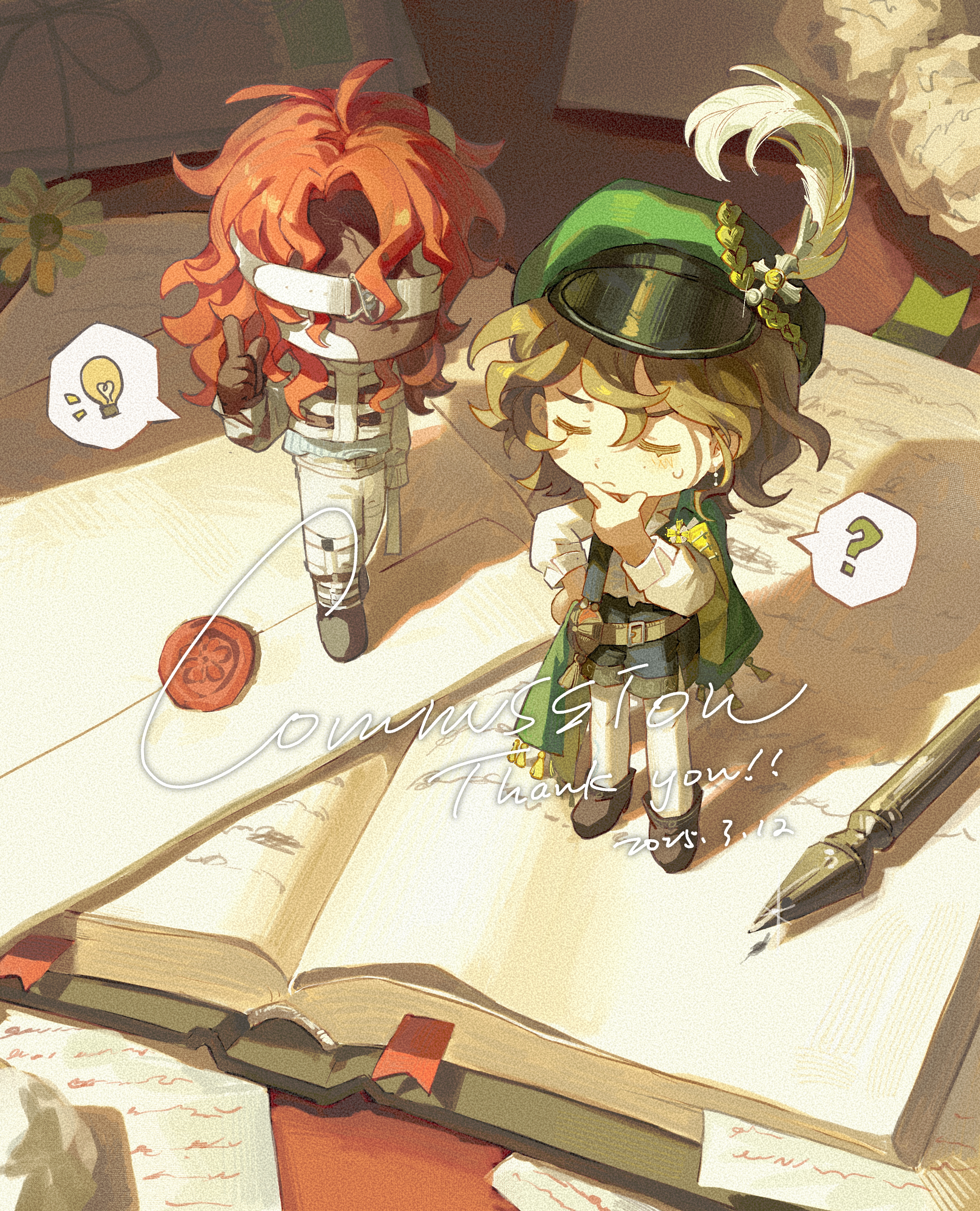 1boy 1girl ? absurdres aleph_(reverse:1999) black_gloves black_mask black_shorts black_vest book bookmark boots brown_boots brown_hair cabbie_hat cape chibi closed_eyes commission covered_face dated dongfang_shuyechu envelope gloves green_cape green_hat hand_on_own_chin hand_on_own_hip hand_up hat hat_feather highres index_finger_raised jacket light_bulb long_hair mini_person miniboy minigirl open_book pants pantyhose paper pen recoleta_(reverse:1999) red_hair reverse:1999 second-party_source shirt short_hair short_shorts shorts side_cape speech_bubble spoken_light_bulb spoken_question_mark stroking_own_chin thank_you thinking vest wax_seal white_jacket white_pants white_pantyhose white_shirt