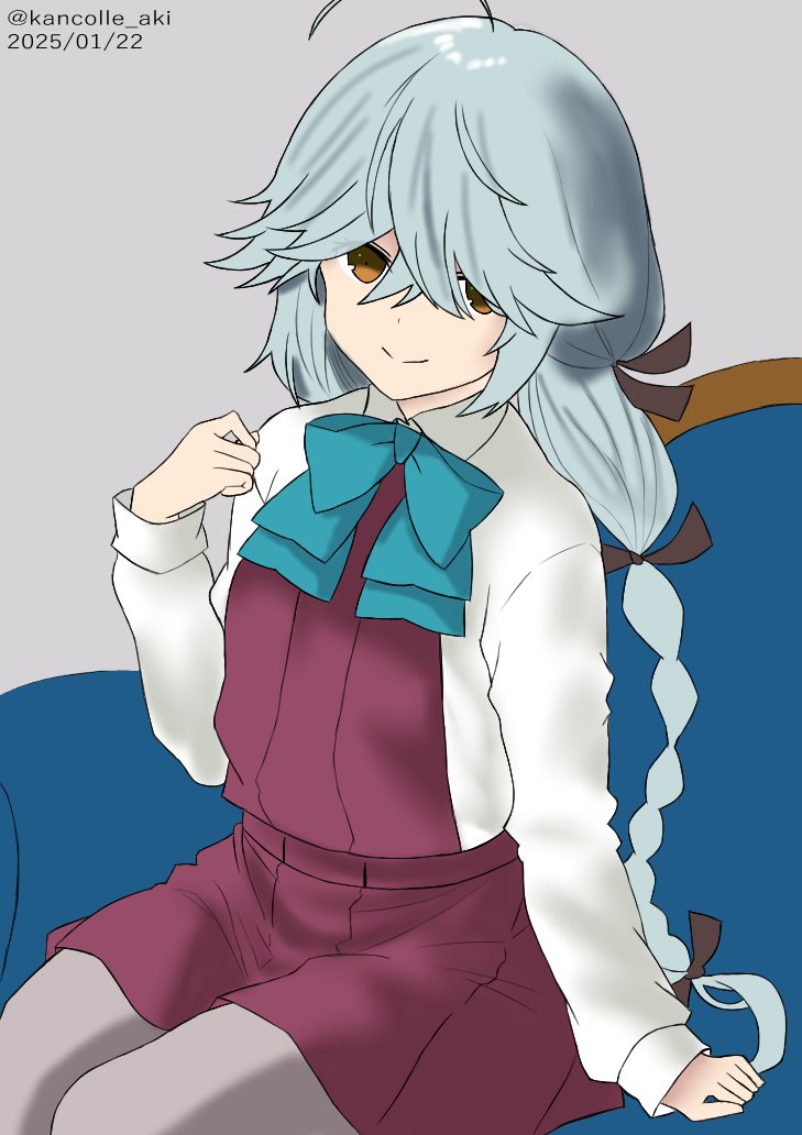 1girl ahoge akkun_teitoku black_ribbon blush bow bowtie braid brown_eyes couch dress grey_background grey_hair hair_over_eyes hair_over_one_eye hair_ribbon hamanami_(kancolle) kantai_collection long_hair long_sleeves pantyhose ribbon school_uniform shirt single_braid sitting solo white_shirt