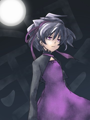 00s 1girl bk cleavage_cutout clothing_cutout darker_than_black dress female_focus full_moon grey_hair hair_ribbon hong_meiling long_sleeves looking_afar lowres moon moonlight mudo_(saji) pink_eyes ponytail purple_dress purple_eyes purple_ribbon ribbon short_hair solo standing yin_(darker_than_black)