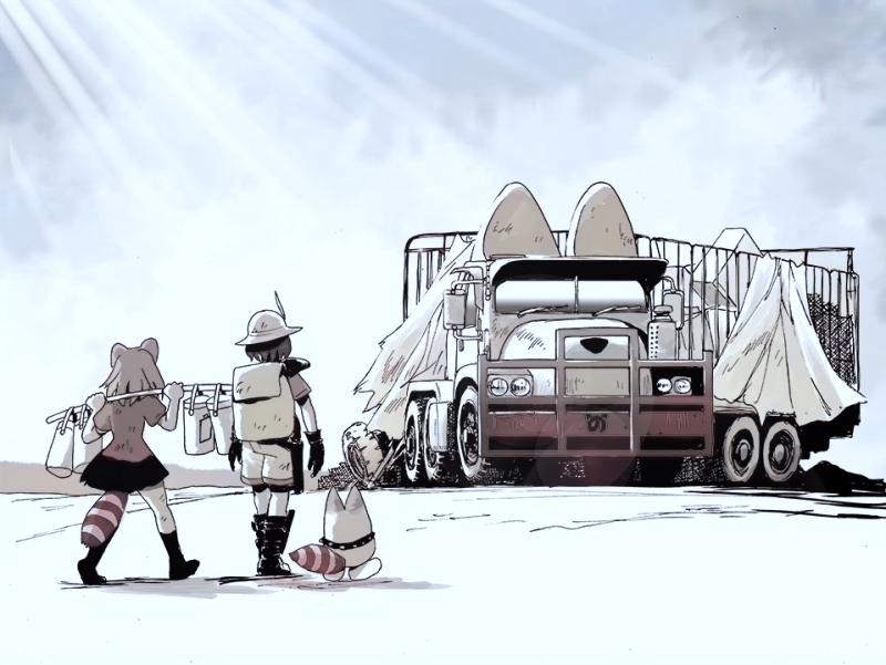 2girls animal_ears backpack bag boots box_truck carrying common_raccoon_(kemono_friends) day dirty dirty_clothes facing_away full_body helmet kaban_(kemono_friends) kemono_friends lucky_beast_(kemono_friends) mad_max mad_max_2:_the_road_warrior matsuda_juukou medium_hair motor_vehicle multiple_girls outdoors pith_helmet raccoon_ears raccoon_girl raccoon_tail shirt shoes short_hair shorts skirt socks tail trailer truck walking