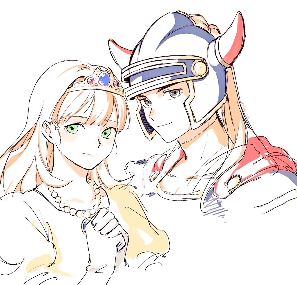 1boy 1girl armor blue_armor blue_helmet blunt_bangs bodysuit cape closed_mouth commentary_request covered_collarbone double-parted_bangs dragon_quest dragon_quest_i dress fake_horns gloves gold_tiara green_eyes grey_eyes helmet hero_(dq1) horned_helmet horns jewelry light_smile long_hair looking_at_viewer looking_to_the_side necklace orange_bodysuit orange_hair oshiha_114 own_hands_together princess_laura puffy_short_sleeves puffy_sleeves red_cape red_horns short_sleeves sketch tiara upper_body white_background white_gloves yellow_dress