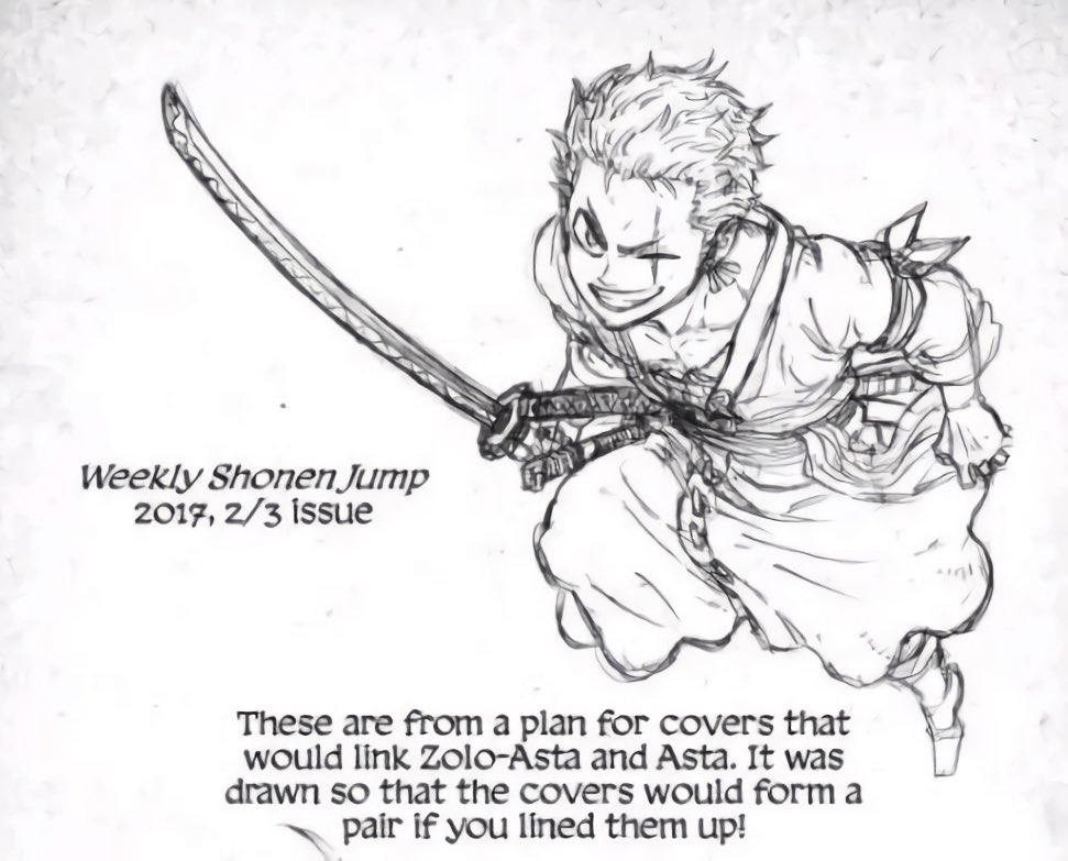 asta_(black_clover) black_clover cosplay official_art one_piece roronoa_zoro_(cosplay) sketch tabata_yuuki tagme