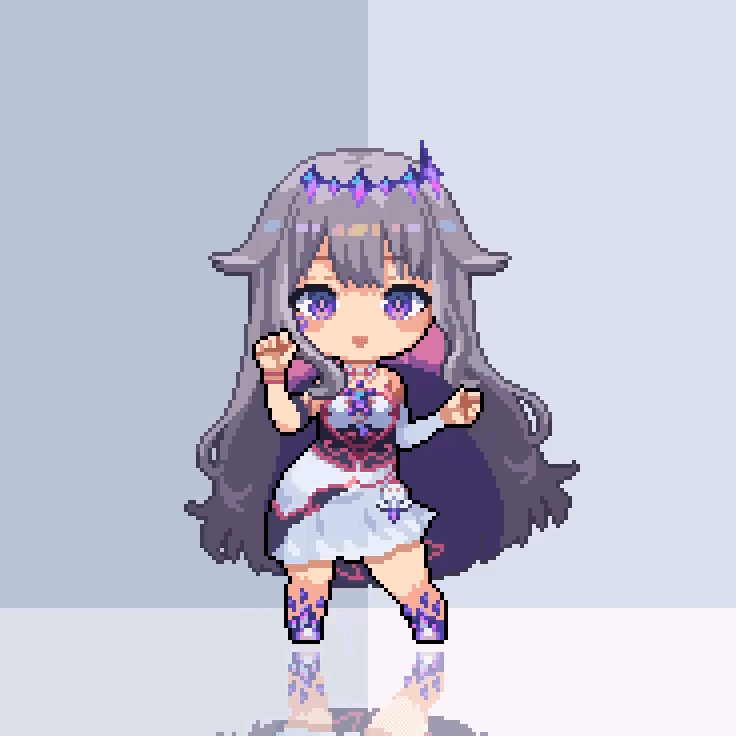 1girl animated animated_gif chest_jewel chibi crown dancing demonlordraizen dress gem grey_hair hair_flaps hololive hololive_english jewel_under_eye koseki_bijou koseki_bijou_(1st_costume) long_hair multicolored_hair open_mouth pixel_art purple_eyes reflection simple_background smile solo very_long_hair virtual_youtuber