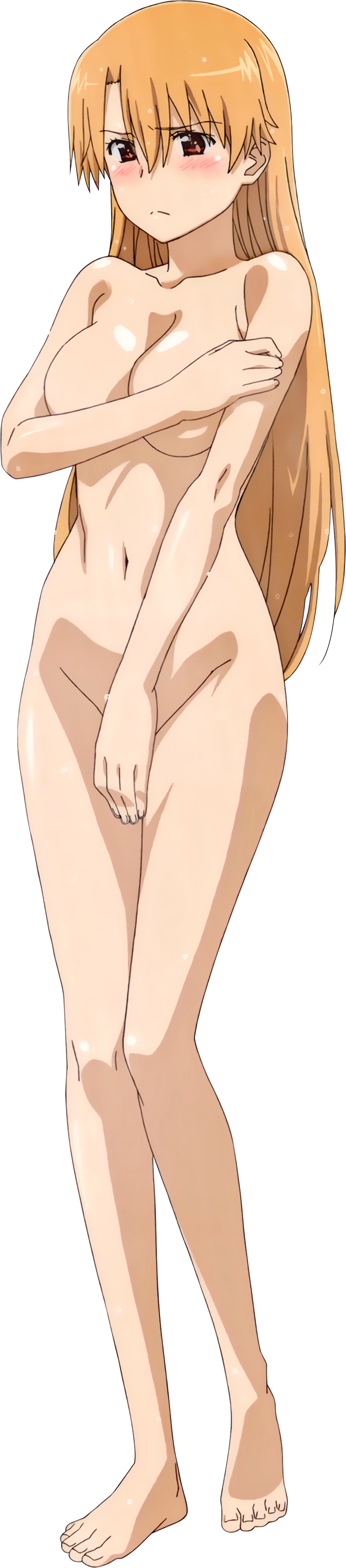 1girl absurdres anime_screenshot barefoot blush breasts brown_hair covering_privates embarrassed feet highres kiryuu_yuuzuki kissxsis large_breasts legs long_hair navel nude red_eyes solo teacher thighs toes wet