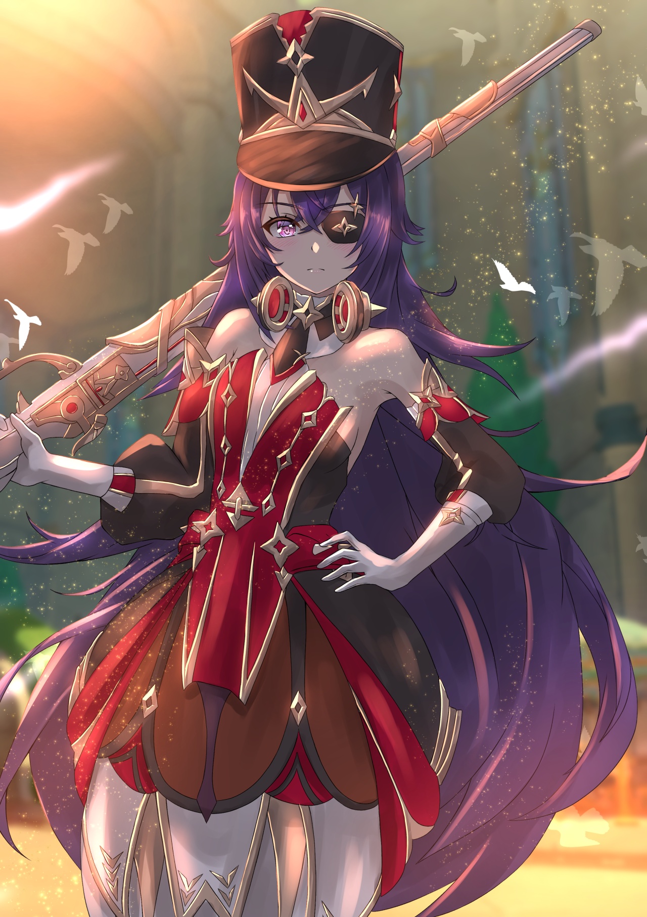 antique_firearm bare_shoulders bird black_hat blurry blurry_background chevreuse_(genshin_impact) closed_mouth commentary_request cowboy_shot detached_sleeves dress earmuffs earmuffs_around_neck eyepatch firearm frown genshin_impact gloves gun hair_between_eyes hand_on_own_hip hat highres holding holding_gun holding_weapon long_hair looking_at_viewer musket nakura_haru over_shoulder puffy_detached_sleeves puffy_sleeves purple_eyes purple_hair red_dress very_long_hair weapon weapon_over_shoulder white_gloves