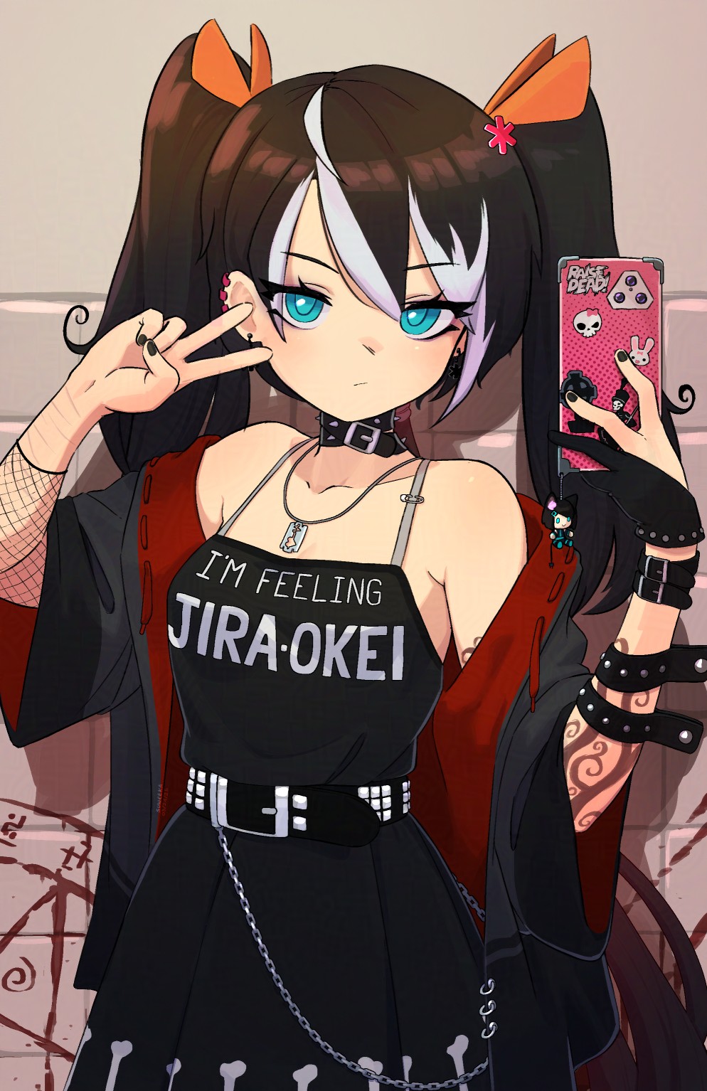 arm_tattoo artist_glove belt black_choker black_dress black_nails blue_eyes brown_hair chain choker colored_tips dress earrings fishnet_sleeves fishnets hair_ornament highres holding holding_phone jewelry mirror_selfie multicolored_hair original phone suweeka tattoo twintails v