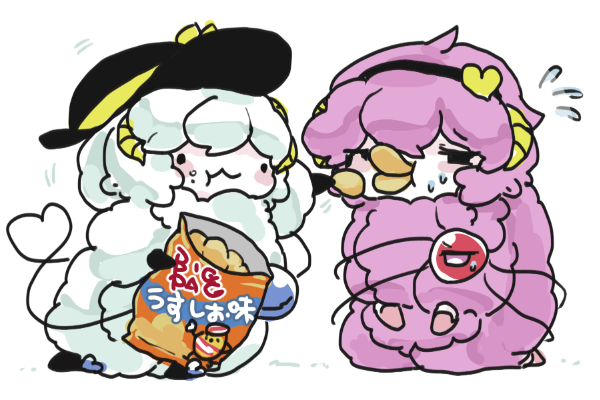 2girls :3 animalization black_hair black_hairband chips_(food) eyeball feeding flying food hair_ornament hairband heart heart_hair_ornament heart_of_string horns komeiji_koishi komeiji_satori multiple_girls negi_(kyouki-beya) potato_chips pringle_duck pringles_can ribbon sheep sheep_horns siblings sisters third_eye touhou white_background wool yellow_ribbon