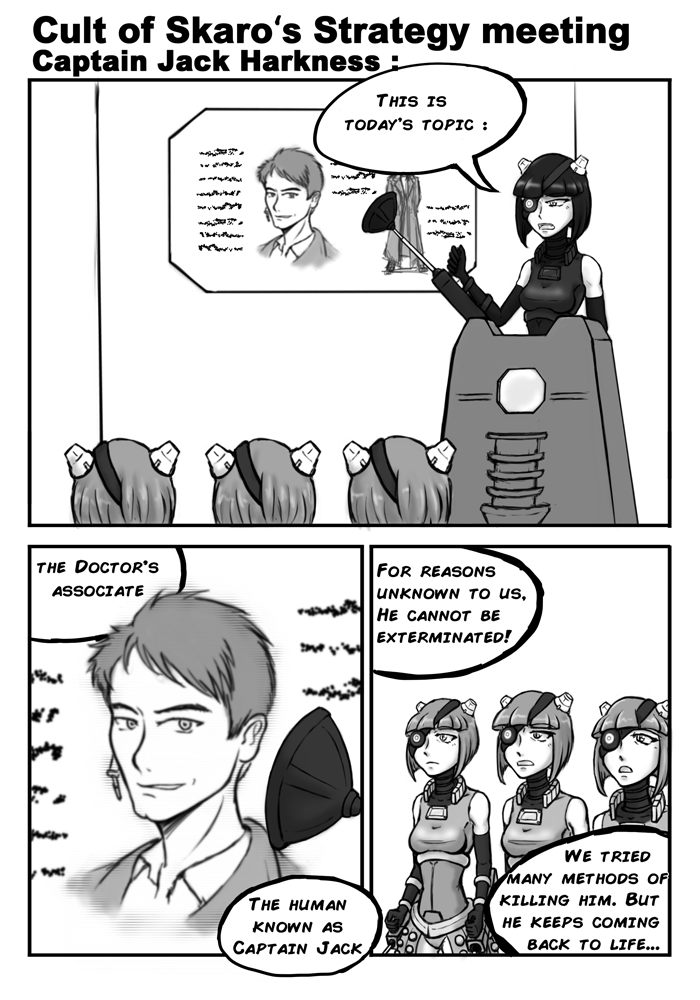 4girls comic dalek dalek_sec doctor_who eyepatch jack_harkness monochrome multiple_girls personification short_hair teeth