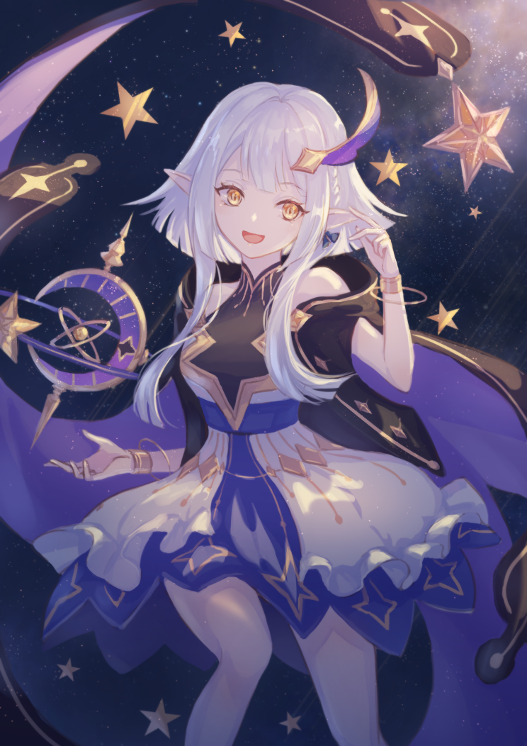 1girl asymmetrical_bangs bare_shoulders black_cloak blue_dress blue_hair cloak crescent dress eversoul frilled_skirt frills hair_ornament night open_mouth pointy_ears short_hair skirt sky star_(sky) star_(symbol) starry_sky sugata_(chin8751) talia_(eversoul) two-tone_dress yellow_eyes