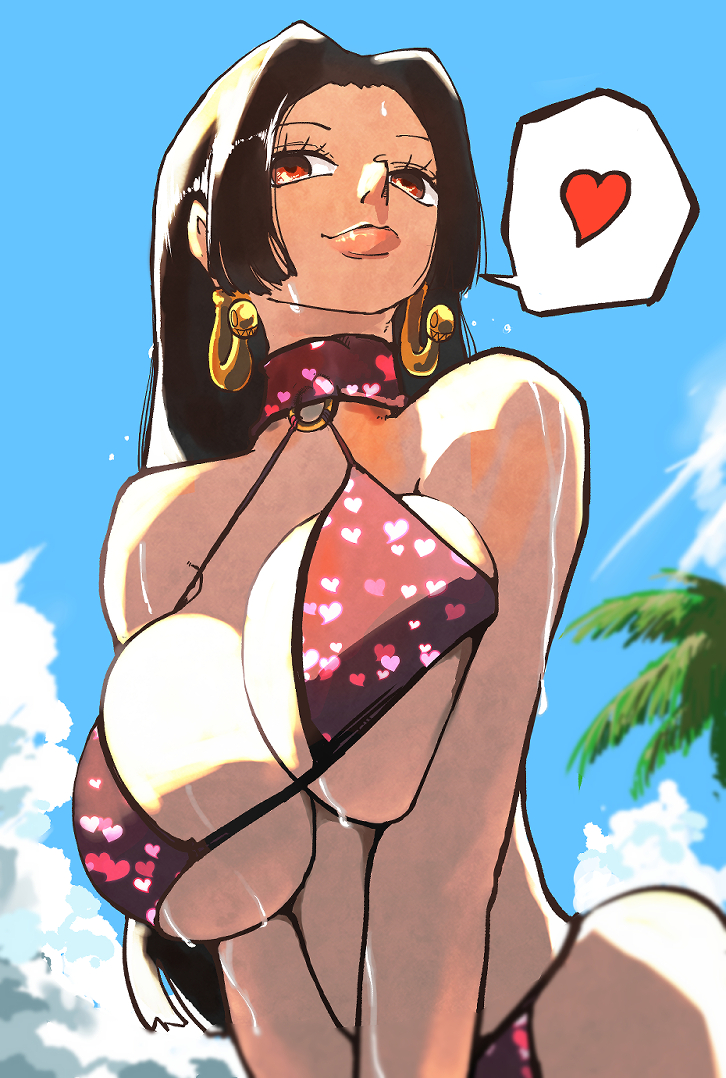 1girl bikini black_hair boa_hancock breasts cleavage hato_hato_hato huge_breasts large_breasts long_hair one_piece smile swimsuit tattoo
