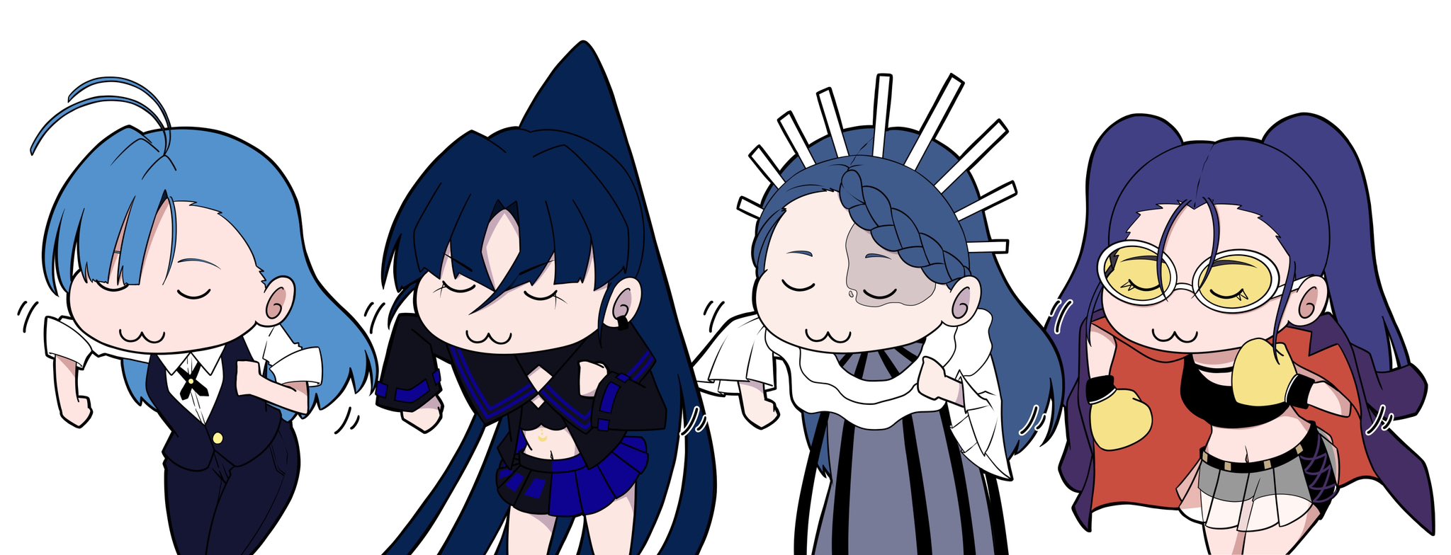 4girls :3 ado_(utaite) ahoge bikini black_bikini black_ribbon black_sailor_collar black_shirt black_shorts black_skirt black_tank_top blue_hair blue_pants blue_skirt blue_vest boxing_gloves braid braided_bangs chibi closed_eyes cloud_nine_inc collared_shirt commentary_request crop_top dancing dress dress_shirt earclip gira-gira-chan_(ado) gira_gira hair_between_eyes highres long_hair long_sleeves merry_(ado) midriff multiple_girls naima_(ado) navel neck_ribbon nori_(norinori_yrl) odo-chan_(ado) odo_(song) open_clothes open_shirt pants parted_bangs pleated_skirt ponytail readymade_(ado) ribbon sailor_collar see-through_clothes see-through_skirt shirt shorts simple_background skirt swimsuit tank_top tinted_eyewear twintails u_u usseewa very_long_hair vest white_background white_dress white_shirt yellow-tinted_eyewear zui_zui_dance