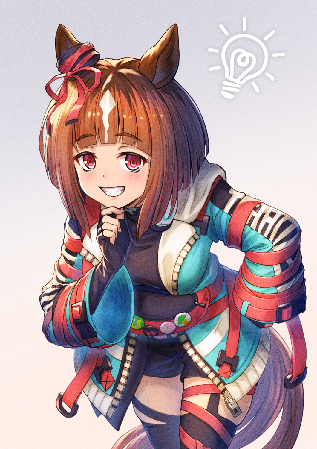 1girl animal_ears badge belt black_gloves black_shirt black_shorts black_thighhighs blue_jacket blush bow breasts brown_hair button_badge commentary_request cowboy_shot ear_ribbon fingerless_gloves garter_straps gloves grey_background grin hand_on_own_chin highres hood hood_down hooded_jacket jacket large_breasts leaning_forward light_bulb long_sleeves looking_at_viewer open_clothes open_jacket red_belt red_eyes red_ribbon ribbon shirt short_hair shorts sidelocks smile solo stroking_own_chin thighhighs transcend_(umamusume) umamusume wide_sleeves yakkuro