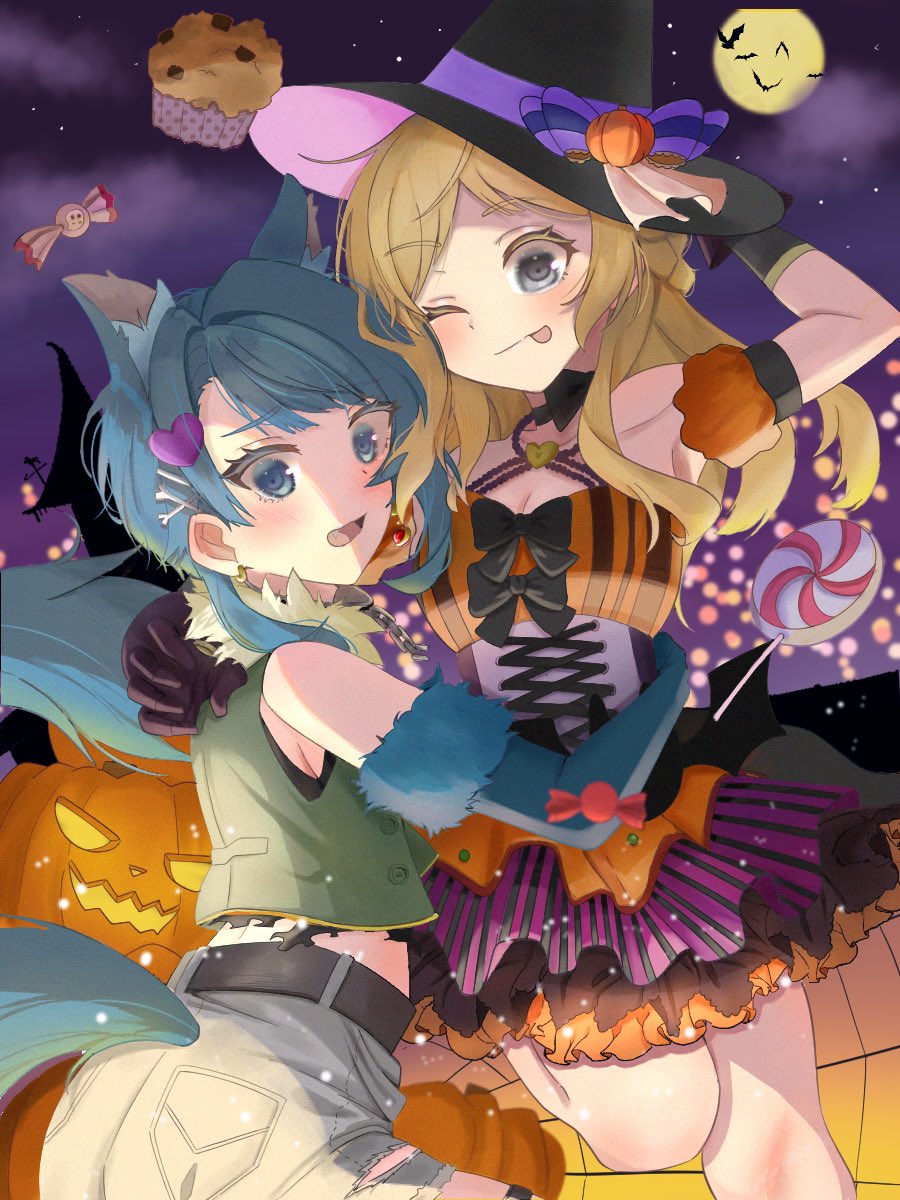 2girls ;p aizawa_kazuha alternate_hairstyle animal_ear_fluff animal_ears arm_around_shoulder arm_around_waist arm_behind_head arm_up assault_lily asymmetrical_hair bare_shoulders bat_(animal) belt black_belt black_bow black_dress black_gloves black_hat blue_eyes blue_gloves blue_hair blush bone_hair_ornament bow breasts brown_hair building buttons candy cleavage closed_mouth commentary cowboy_shot crop_top cross-laced_clothes cross-laced_dress cupcake detached_sleeves dress dress_bow elbow_gloves fang food frilled_dress frills full_moon fur-trimmed_gloves fur_trim gloves green_shirt grey_eyes grey_shorts hair_ornament hairclip halloween halloween_costume halter_dress halterneck hand_on_another&#039;s_back hand_on_another&#039;s_waist hat hat_bow heart heart_hair_ornament highres iijima_renka jack-o&#039;-lantern kemonomimi_mode layered_dress leg_up light_particles lollipop long_hair looking_at_viewer looking_to_the_side medium_breasts medium_hair midriff moon multicolored_dress multiple_girls namcho night one_eye_closed open_mouth orange_dress outdoors parted_bangs puffy_detached_sleeves puffy_short_sleeves puffy_sleeves purple_bow purple_dress shirt short_sleeves shorts sidelocks silhouette sleeveless sleeveless_dress sleeveless_shirt smile standing standing_on_one_leg star_(sky) striped_clothes striped_dress swirl_lollipop symbol-only_commentary tail tongue tongue_out torn_clothes torn_shorts witch_hat wolf_ears wolf_tail