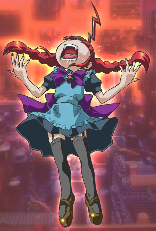1girl ahoge black_thighhighs blue_dress bow bowtie braid dress female_focus garter_straps long_hair maid mary_janes open_mouth os-tan red_hair saliva shoes short_sleeves sign skull solo teeth thighhighs twin_braids warning_sign we-tan zettai_ryouiki