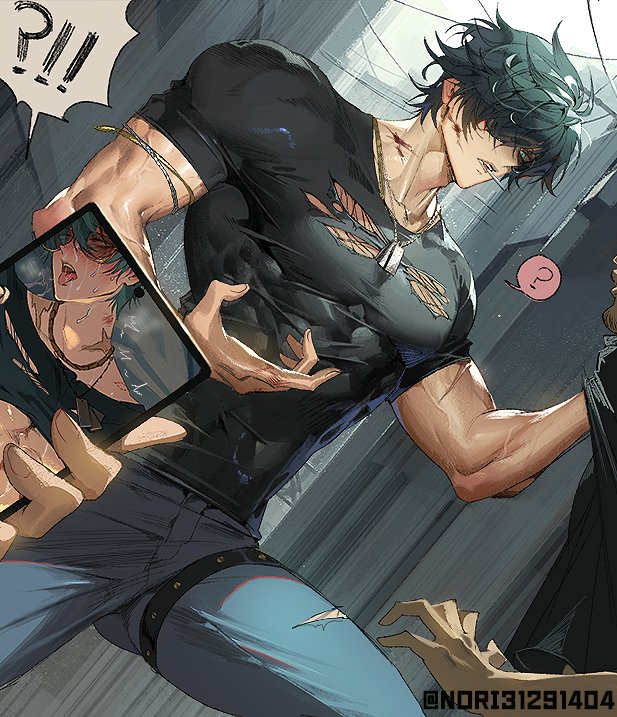!? 1other 2boys ? belt black_belt black_shirt blue_pants blush clothes_grab clothes_lift collarbone commentary covered_abs covered_pectorals crying crying_with_eyes_open denim dog_tags drooling green_hair holding holding_phone jeans jewelry lighter_(zenless_zone_zero) looking_at_phone male_focus motion_lines multiple_boys necklace outdoors pants parted_lips pectorals phone power_lines runa_(nori31291404) scar scar_on_chest shirt shirt_grab shirt_lift short_sleeves skin_tight solo_focus speech_bubble spoken_question_mark symbol-only_commentary tears teeth thigh_belt thigh_strap tongue tongue_out torn_clothes torn_shirt trembling veins veiny_arms zenless_zone_zero