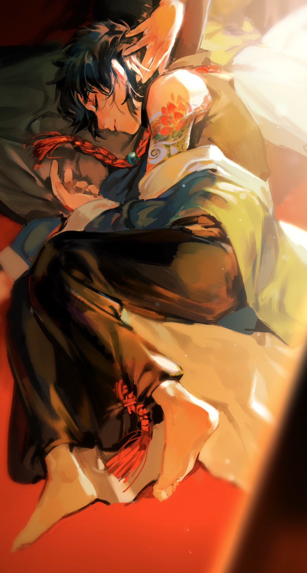 1boy 1other arm_tattoo bare_shoulders barefoot black_hair black_pants bokyo closed_eyes full_body hand_on_another&#039;s_head highres long_hair long_sleeves lying male_focus off_shoulder on_side original out_of_frame pants pillow short_hair sleeping solo_focus tassel tattoo