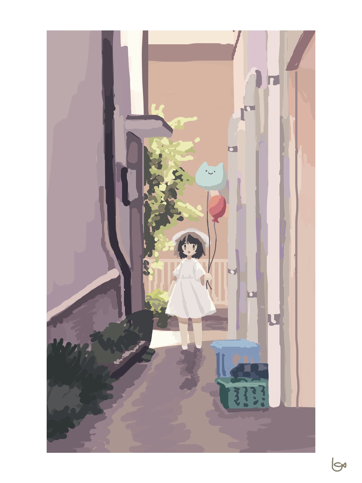 1girl :d alley arm_at_side balloon border brown_eyes brown_hair building drainpipe dress hat highres holding holding_balloon kyora_san looking_at_viewer open_mouth original plant railing shade short_hair signature smile solo tree white_border white_dress white_hat wide_shot