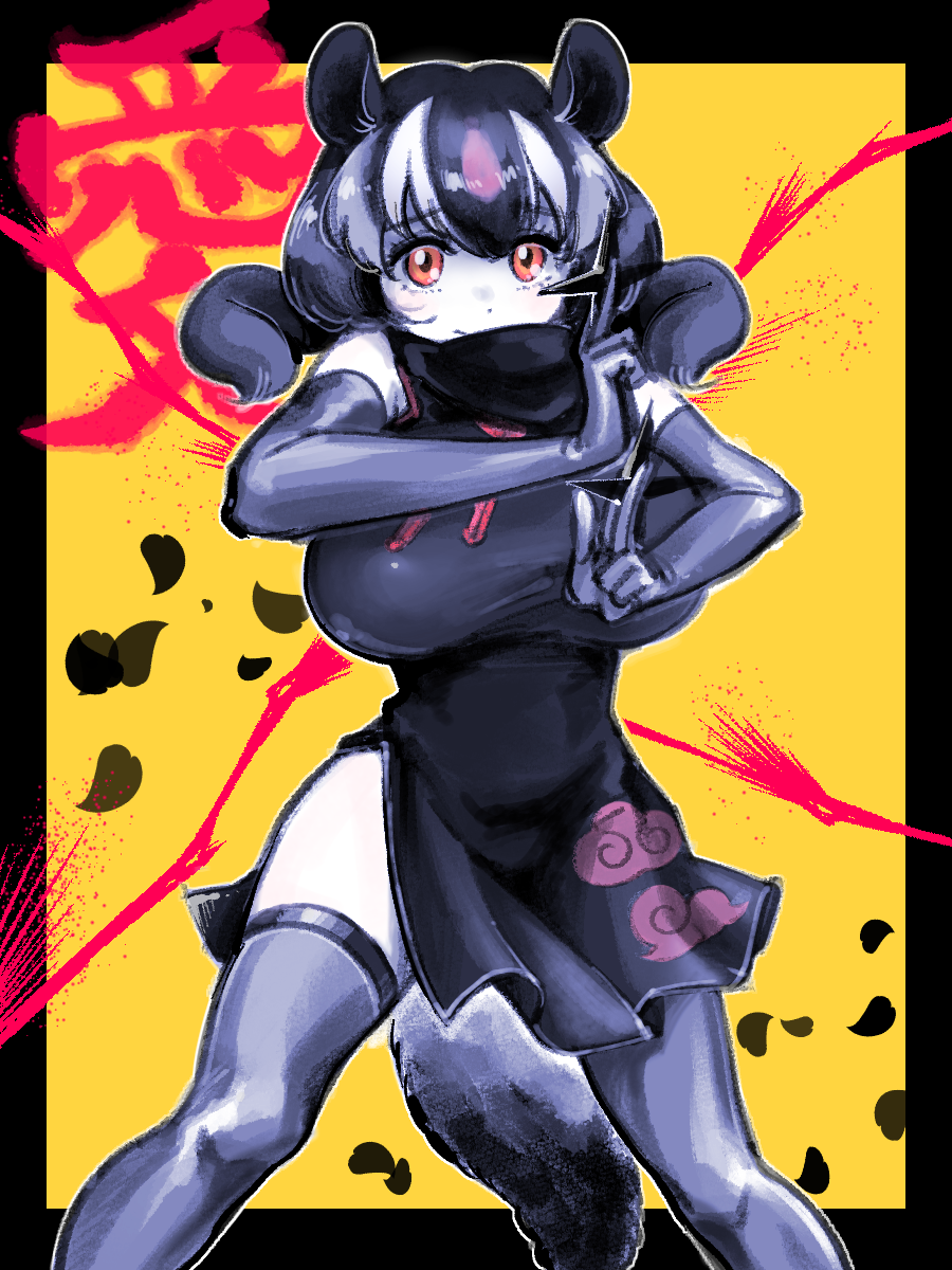1girl aye-aye_(kemono_friends) black_dress black_hair breasts china_dress chinese_clothes dress hand_gesture highres huge_breasts kemono_friends kemono_friends_3 lemur_ears lemur_tail looking_at_viewer multicolored_hair orange_eyes pelvic_curtain short_dress short_hair side_slit solo thighhighs white_hair yokuko_zaza