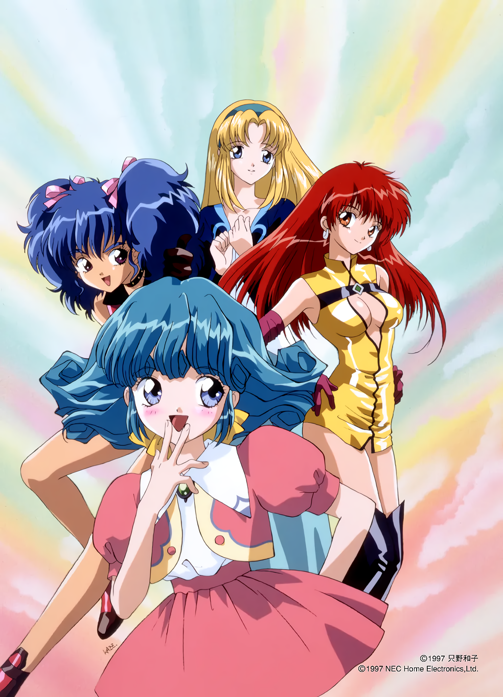 1990s_(style) 4girls aqua_hair black_boots blonde_hair blue_eyes blue_hair blush boots breasts brown_eyes cleavage copyright_notice dress earrings elbow_gloves gloves hairband highres jewelry long_hair looking_at_viewer medium_breasts medium_hair multiple_girls non-web_source official_art open_mouth photoshop_(medium) puffy_short_sleeves puffy_sleeves purple_gloves red_eyes red_hair retro_artstyle rolfee short_dress short_sleeves smile tadano_kazuko thigh_boots tonari_no_princess_rolfee twintails