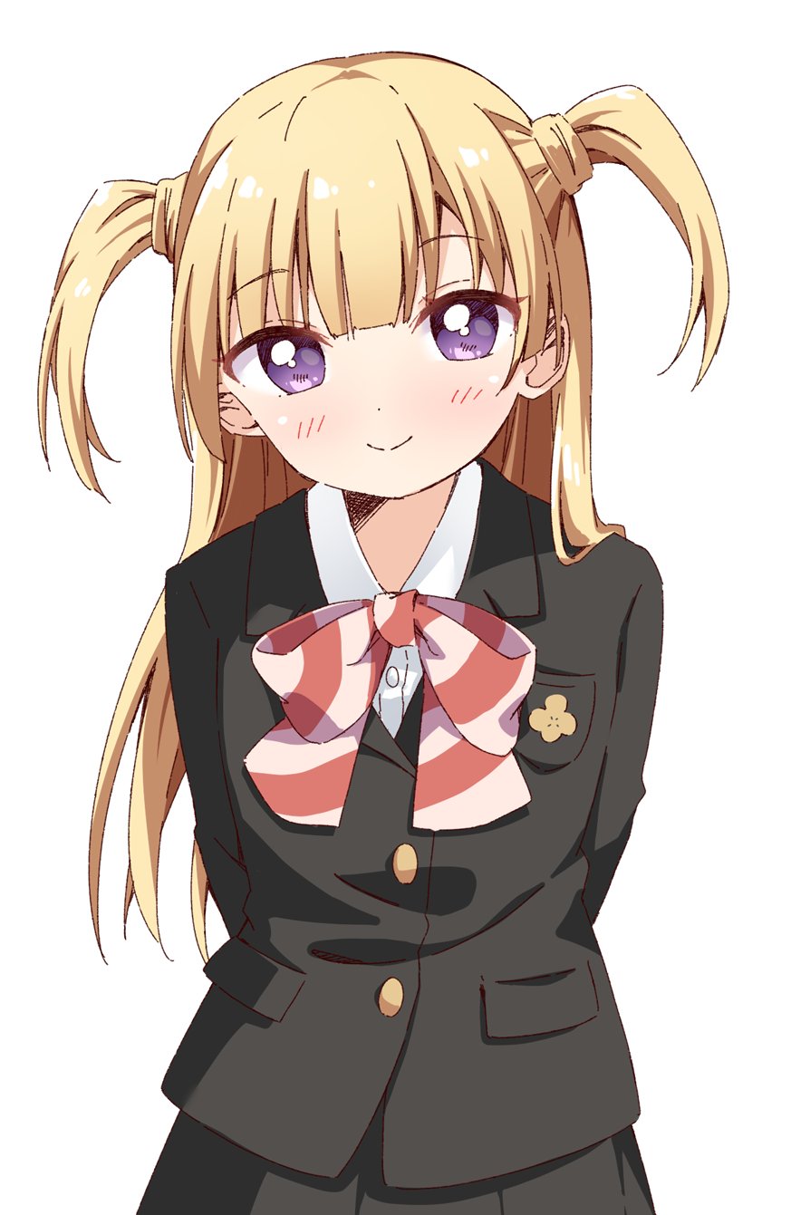 1girl akebi-chan_no_serafuku arms_behind_back black_jacket black_skirt blonde_hair blunt_bangs blush closed_mouth collared_shirt commentary cowboy_shot dot_nose haru_(konomi_150) highres jacket kizaki_erika long_hair long_sleeves looking_at_viewer neck_ribbon pleated_skirt purple_eyes red_ribbon ribbon roubai_academy_school_uniform_(new) school_uniform shirt simple_background skirt smile solo split_mouth striped_ribbon tareme two_side_up white_background white_shirt