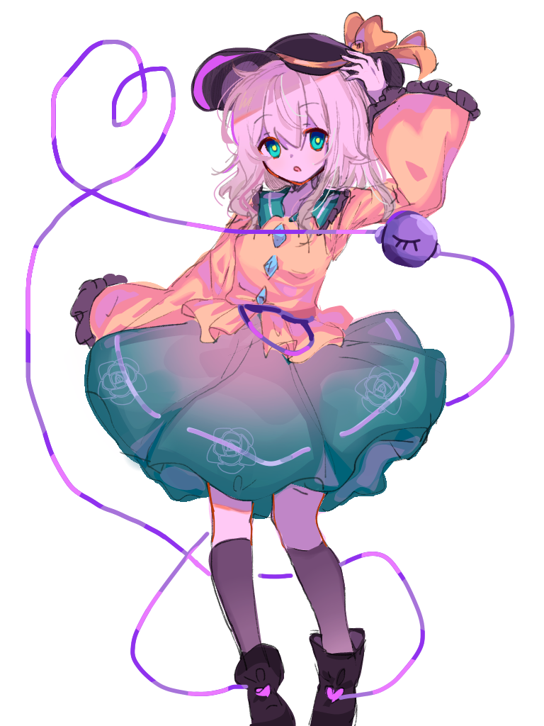 1girl black_boots black_hat black_socks boots bright_pupils chinese_commentary collared_shirt commentary_request frilled_sleeves frills full_body green_eyes green_skirt hair_between_eyes hat hat_ribbon heart huangdouliuhan komeiji_koishi long_hair long_sleeves open_mouth ribbon shirt simple_background skirt socks solo touhou white_background white_hair yellow_pupils yellow_ribbon yellow_shirt