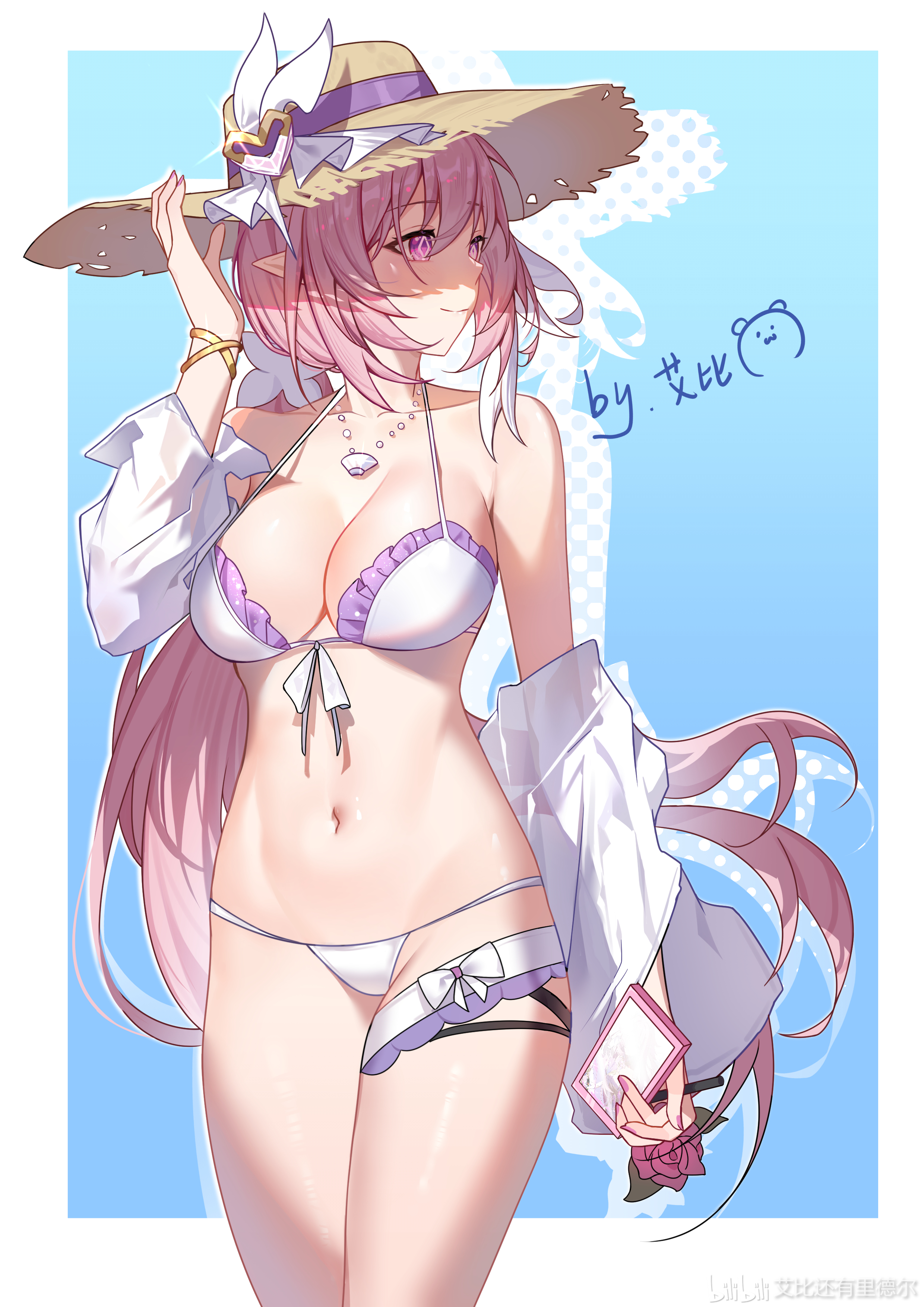 1girl abby_riddle absurdres alternate_costume artist_name bare_shoulders bikini blue_background breasts chinese_commentary collarbone commentary_request cowboy_shot diamond-shaped_pupils diamond_(shape) elf elysia_(herrscher_of_human:_ego)_(honkai_impact) elysia_(honkai_impact) hat highres holding holding_phone honkai_(series) honkai_impact_3rd jewelry large_breasts long_hair navel necklace pearl_necklace phone pink_hair pointy_ears purple_eyes shell shell_necklace solo stomach straw_hat swimsuit symbol-shaped_pupils thighs white_bikini