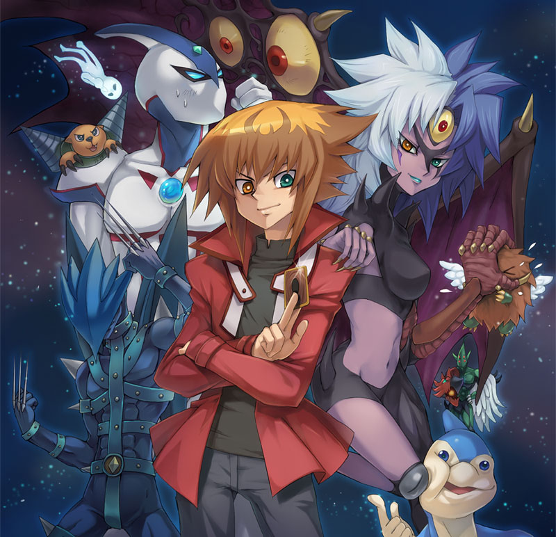 1boy 1girl black_shirt brown_hair card closed_mouth commentary_request crossed_arms demon_girl duel_academy_uniform_(yu-gi-oh!_gx) duel_monster elemental_hero_flame_wingman elemental_hero_neos evil_hero_malicious_edge extra_eyes green_eyes heterochromia holding holding_card jacket lipstick looking_at_viewer makeup monster_girl multicolored_hair neo-spacian_aqua_dolphin neo-spacian_glow_moss neo-spacian_grand_mole orange_eyes pants red_jacket shirt split-color_hair standing sweatdrop winged_kuriboh wings yu-gi-oh! yu-gi-oh!_gx yubel yukitsuki_hisa yuki_judai