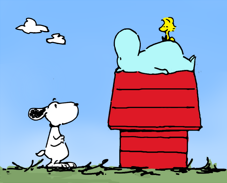 animal_ears beagle bird charles_schulz_(style) cloud crossover dog dog_ears doghouse grass monoyuu moomin moomintroll no_humans outdoors peanuts_(comic) simple_background sitting sitting_on_person sleeping snoopy woodstock