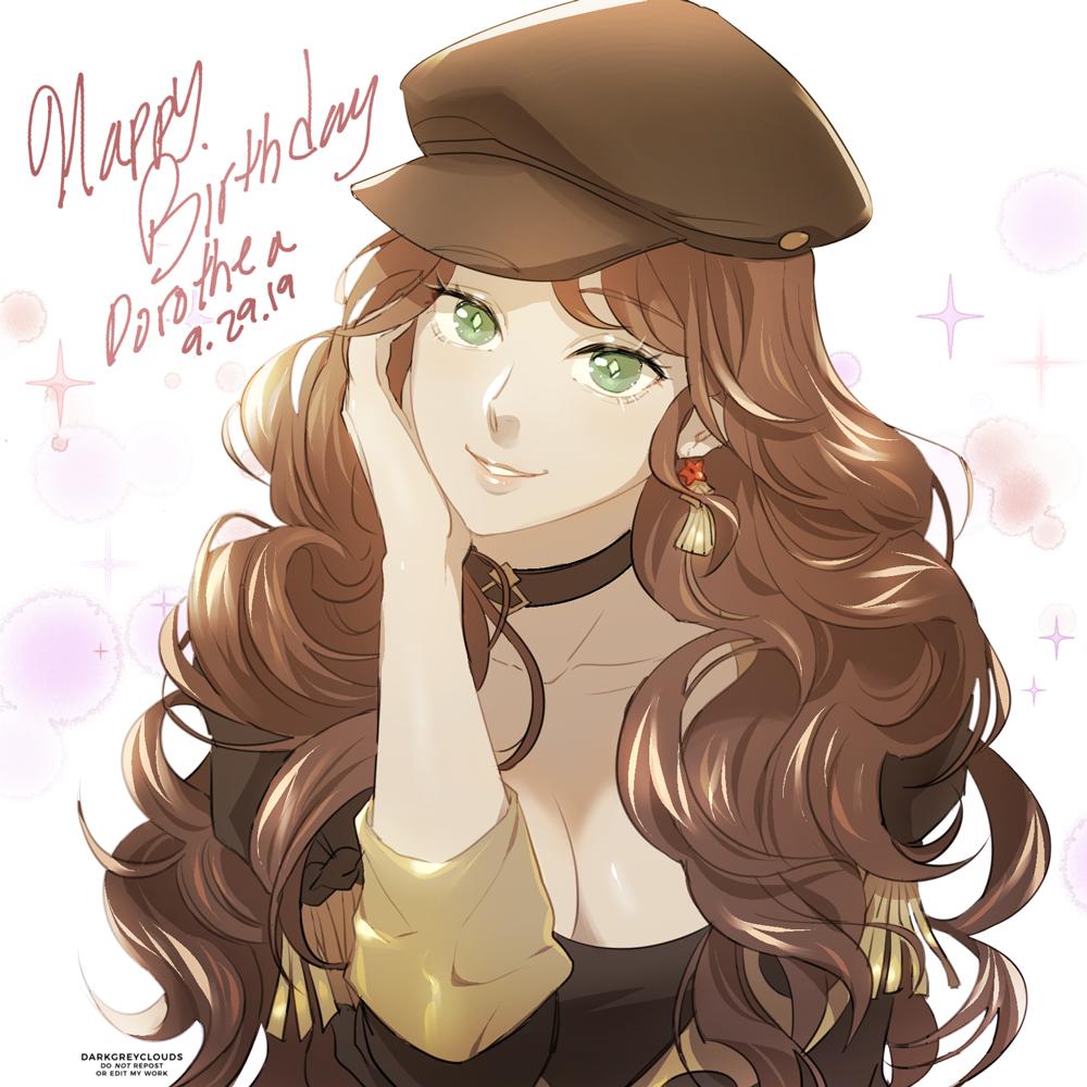 1girl black_hat breasts brown_hair character_name choker cleavage darkgreyclouds dorothea_arnault earrings female_focus fire_emblem fire_emblem:_three_houses garreg_mach_monastery_uniform green_eyes happy_birthday hat jewelry large_breasts long_hair nintendo parted_lips simple_background solo upper_body white_background
