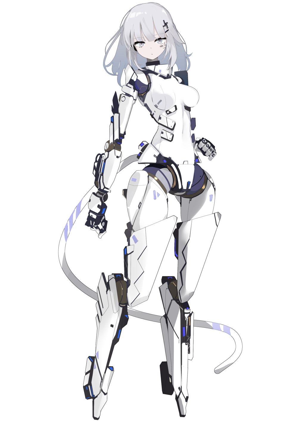1girl barcode barcode_tattoo breasts commission cyborg full_body grey_eyes grey_hair hair_ornament hairclip highres joints looking_at_viewer medium_breasts medium_hair nanatsuki_sousuke no_feet original pale_skin robot_joints science_fiction skeb_commission solo standing tail tattoo white_background