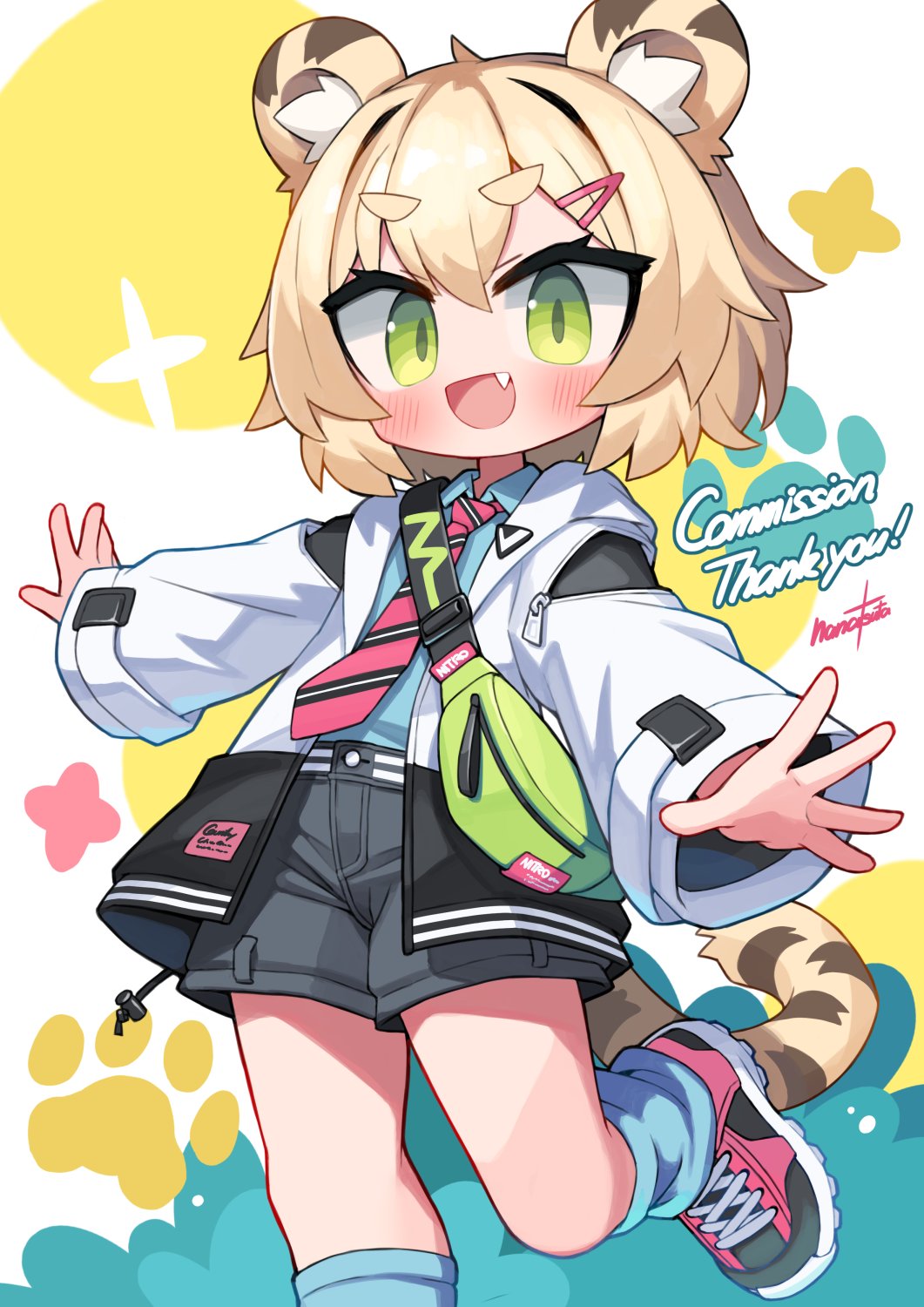 1girl animal_ears blonde_hair blue_shirt commission fang green_eyes hair_ornament hairclip highres jacket nanatsuta necktie original shirt shoes shorts skeb_commission sneakers solo tail thick_eyebrows tiger_ears tiger_girl tiger_tail toramimi-senpai