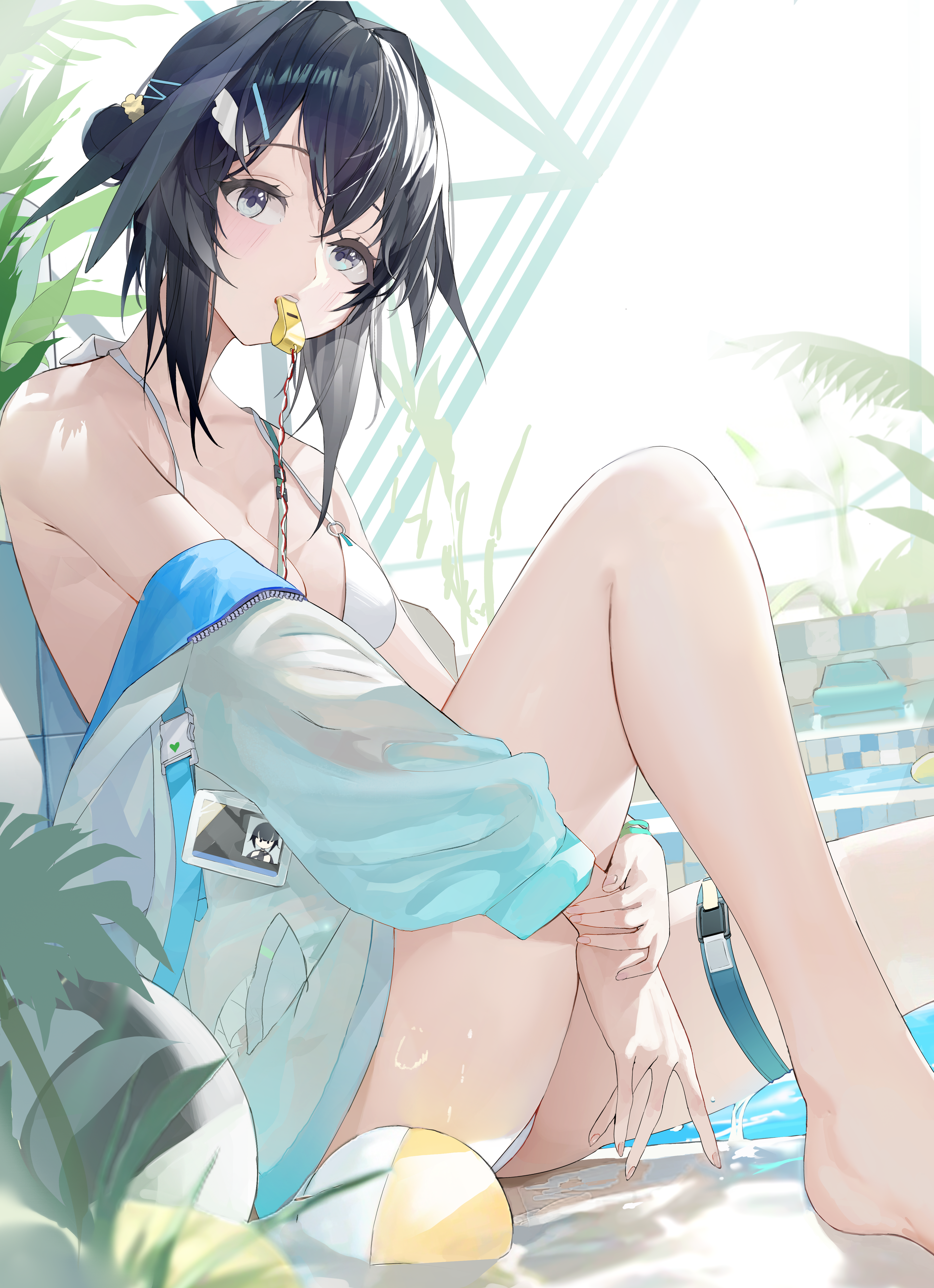 0dd 1girl absurdres arknights bikini black_hair breasts commentary_request day grey_eyes hair_ornament hairclip hand_on_own_wrist highres la_pluma_(arknights) la_pluma_(summer_flowers)_(arknights) long_sleeves looking_at_viewer medium_breasts mouth_hold official_alternate_costume short_hair sitting solo swimsuit water wet whistle white_bikini