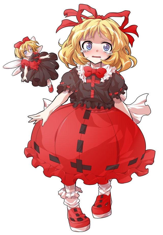 2girls alphes_(style) back_bow black_shirt black_skirt blonde_hair blue_eyes blush bow bowtie collared_shirt commentary_request contrast_collar crying crying_with_eyes_open dairi fairy_wings frilled_shirt_collar frilled_socks frills full_body hair_ribbon large_variant_set long_skirt medicine_melancholy medium_hair multiple_girls open_mouth parody puffy_short_sleeves puffy_sleeves red_bow red_bowtie red_ribbon red_shirt red_shoes red_skirt ribbon ribbon-trimmed_skirt ribbon_trim shirt shoes short_sleeves skirt socks style_parody su-san tachi-e tears touhou transparent_background variant_set white_bow white_socks wings