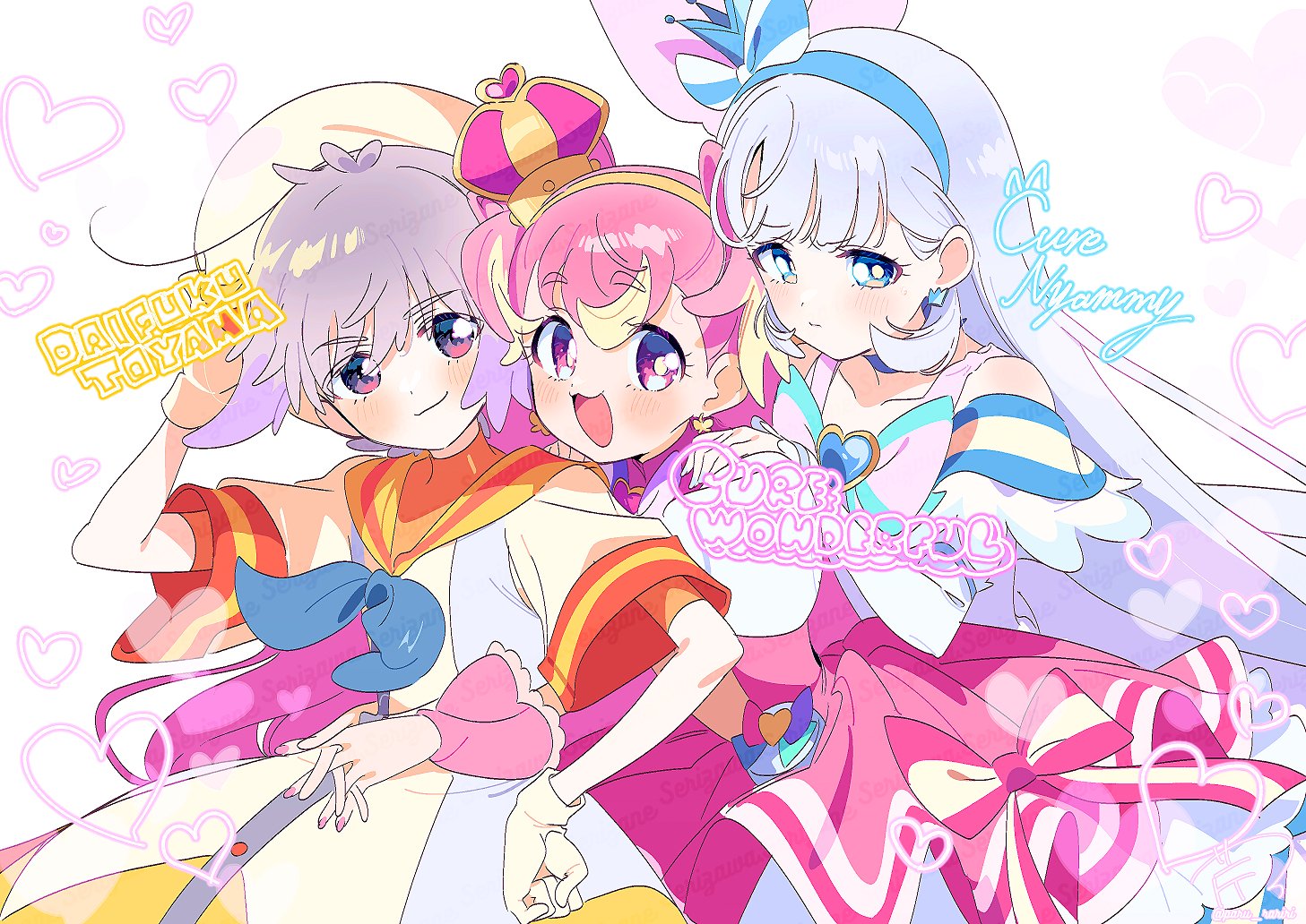 1boy 2girls animal_ears antenna_hair arms_around_waist bare_shoulders beret blonde_hair blue_bow blue_brooch blue_choker blue_crown blue_hairband blue_nails blue_neckerchief blue_sleeves blunt_bangs bow bow_choker bowtie bright_pupils brooch character_name choker closed_mouth clothing_cutout collared_dress commentary_request cowboy_shot crown crown_earrings cure_nyammy cure_wonderful dot_nose dress earrings eyelashes frilled_arm_warmers frilled_sleeves frilled_wrist_cuffs frills gloves grey_hair hair_between_eyes hair_bow hairband hand_on_headwear hand_on_own_hip hands_on_another's_shoulders happy hat hat_ornament heart heart_brooch heart_hat_ornament hug hug_from_behind interlocked_fingers inukai_komugi jewelry light_blush long_hair looking_at_viewer lop_rabbit_ears magical_boy magical_girl mini_crown multicolored_hair multiple_girls nail_polish neckerchief nekoyashiki_yuki open_mouth orange_shirt own_hands_together petticoat pink_bow pink_bowtie pink_brooch pink_crown pink_dress pink_eyes pink_hair pink_nails pink_wrist_cuffs precure puffy_short_sleeves puffy_sleeves purple_bow purple_bowtie rabbit_ears robe sailor_collar serizawa_serizane shirt short_dress short_sleeves shoulder_cutout signature simple_background single_stripe smile straight_hair streaked_hair striped_bow striped_bowtie striped_clothes striped_sleeves tareme toyama_daifuku turtleneck turtleneck_shirt twitter_username two-tone_bow two_side_up very_long_hair wavy_mouth white_arm_warmers white_background white_bow white_dress white_gloves white_hair white_hat white_pupils white_robe white_sleeves wonderful_precure! wrist_cuffs yellow_hairband yellow_sailor_collar