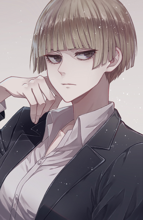 1girl angel31424 blonde_hair blunt_bangs bob_cut brown_eyes formal_clothes hand_up light_brown_hair shingeki_no_kyojin shirt simple_background solo suit upper_body white_shirt yelena_(shingeki_no_kyojin)